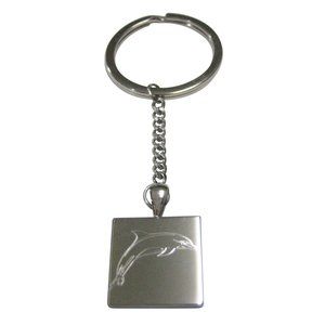 Silver Toned Square Etched Dolphin Pendant Keychain